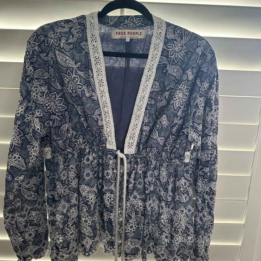 Free People Blue and White Floral Tie Top